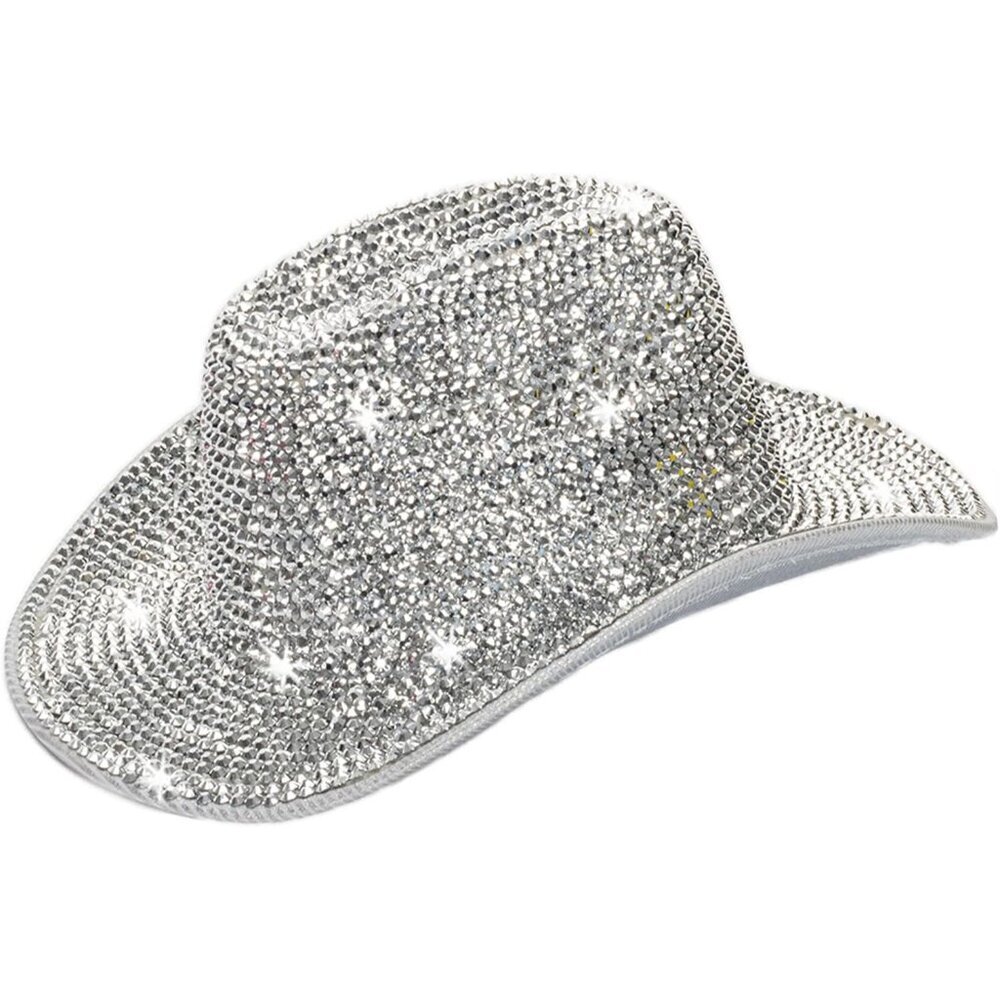Silver Rhinestone Cowboy Hat Women Glitter Disco Western Fashion Accessory